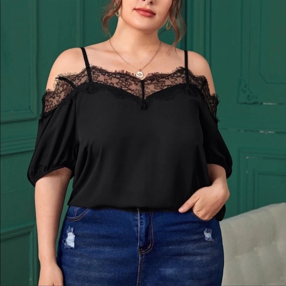 Plus Size Off Shoulder Black Lace Detail Top